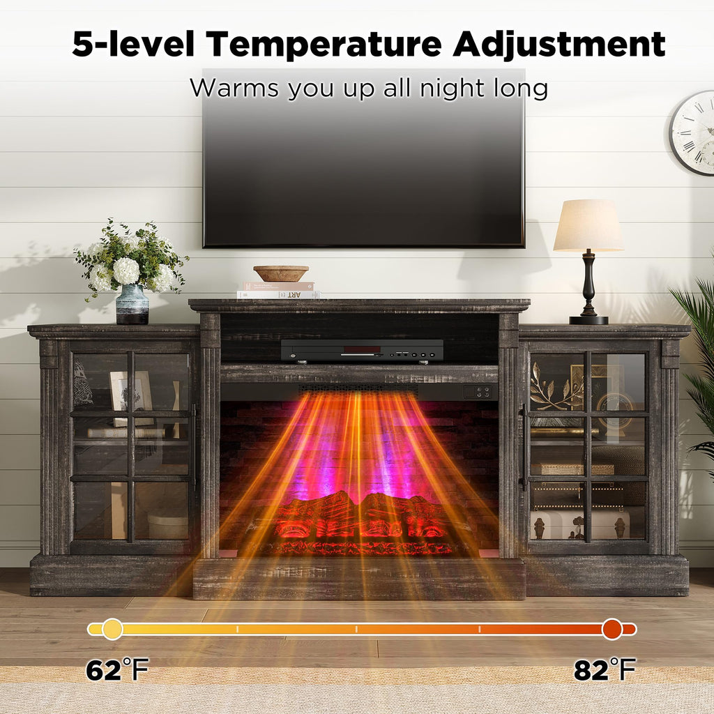 70" Farmhouse TV Stand with 28" Fireplace, Rustic Black