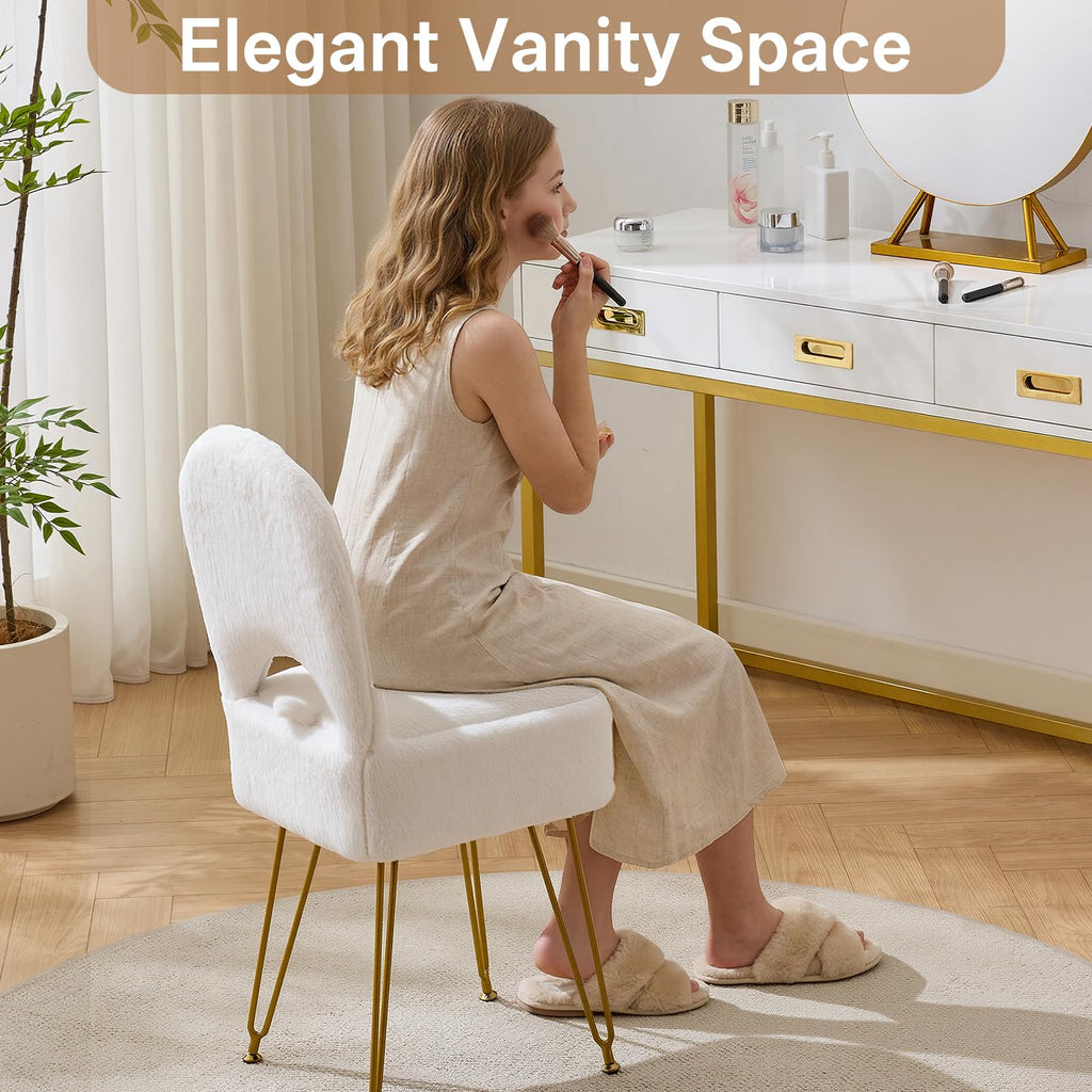 White Vanity Chair with Storage, Folding Back Faux Fur Vanity Stool, Makeup Ottoman with Gold Legs /Bathroom