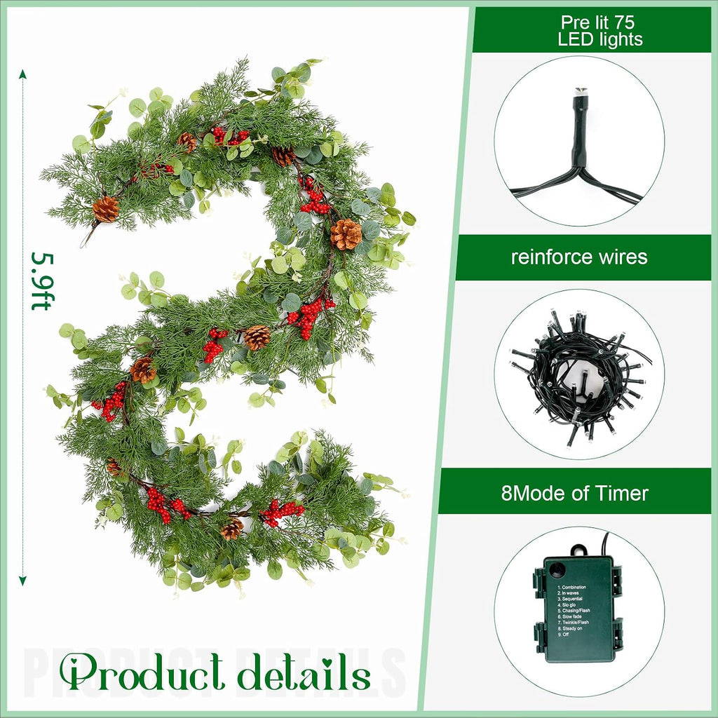 6FT Christmas Garland with Lights Battery Operated