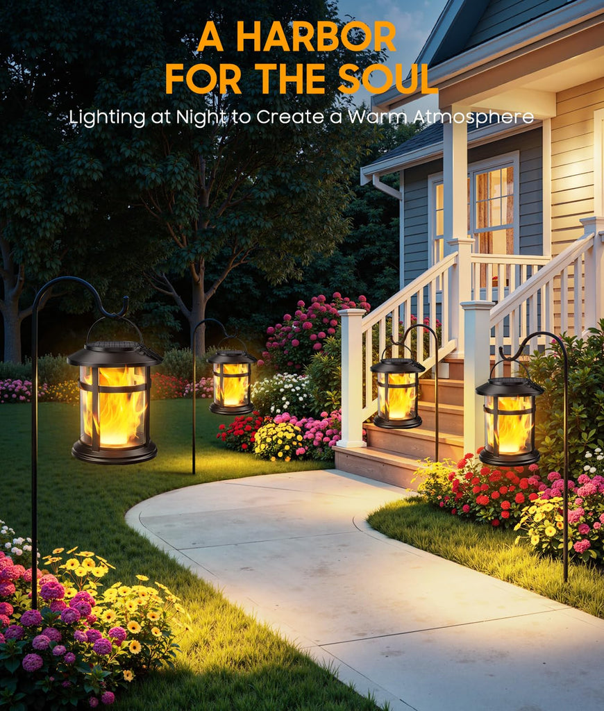 Solar Lanterns Outdoor Waterproof, 4 Pack Upgraded Flickering Flame Hanging Solar Lights, Solar Powered Decorative
