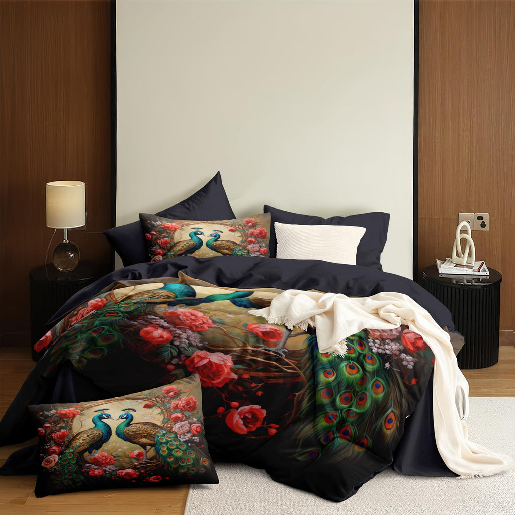 Victorian Style Floral King Comforter Set Peacock Bedding Set for Women Girls Vintage Flowers Decor Quilt Set - 3Pcs