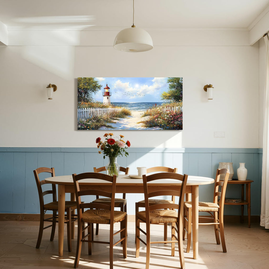 Beach Lighthouse Wall Art, Seaside Wildflower Art Prints 20"x40"