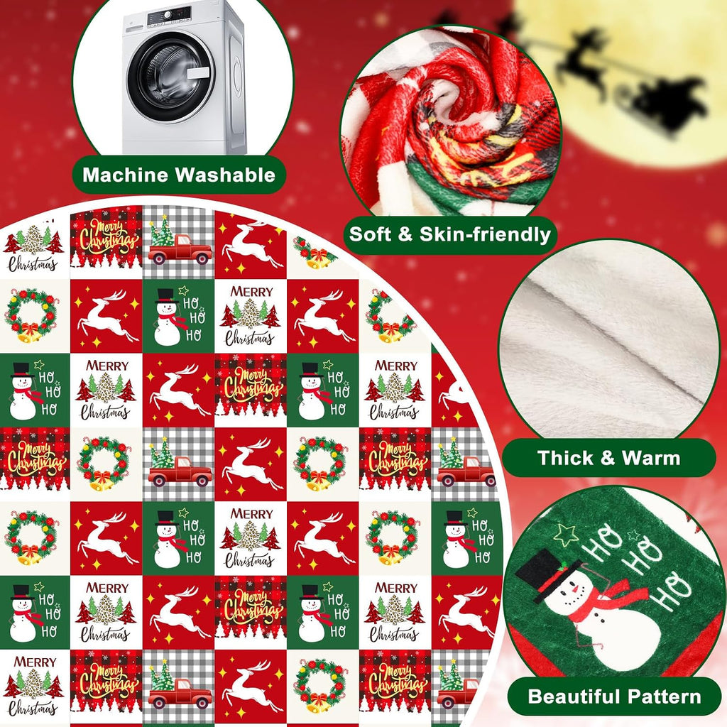 Christmas Throw Blanket Red Green Plaid Snowman Tree Couch Bed Covers
