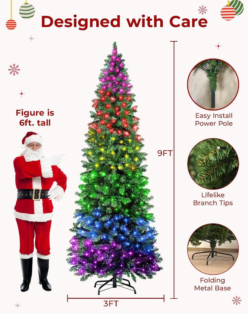Smart Pencil Christmas Tree, 550 LED Color Changing with App Control, 1437 Branch Tips, Slim Artificial Tree