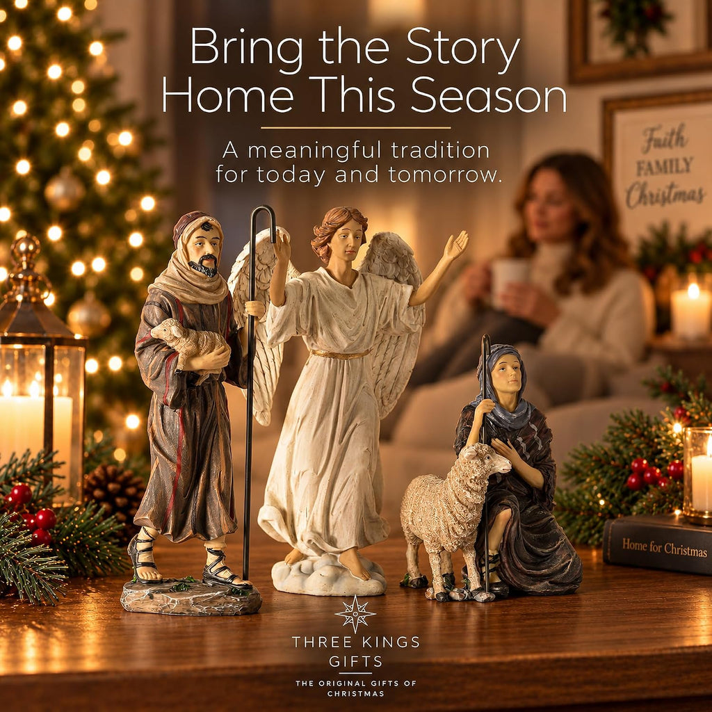 Kings Gifts Shepherds and Angel Nativity Add-On Set, 3-Piece Polystone Christmas Figures with Sheep Lamb, Flat Bottom