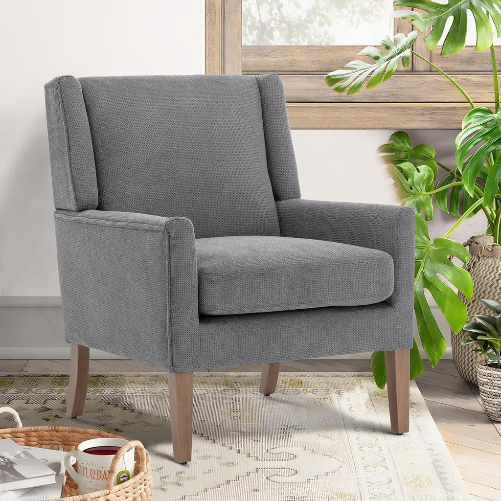 Modern Wingback Living Room Chair, Upholstered Fabric Accent Armchair, Single Sofa Chair with Lounge Seat and Wood