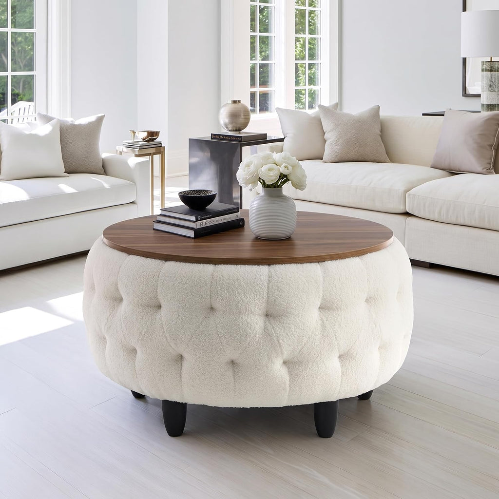 Large Round Storage Ottoman Coffee Table with Wooden Tabletop, 32 Inches Teddy Fleece Tufted Ottoman s (White)