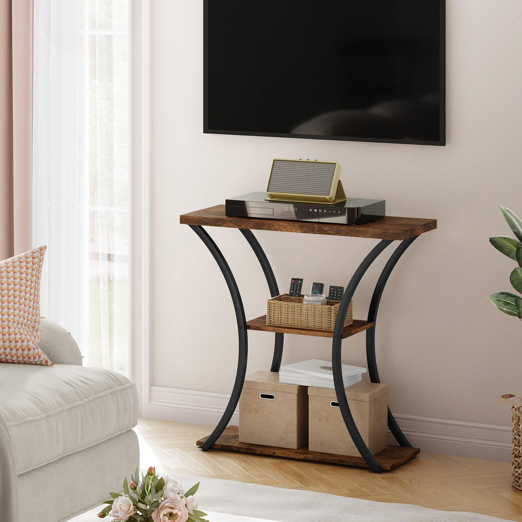 3 Tier Console Table with Open Wood Shelves, Decorative Entryway Table with Curved Metal Frames, Narrow Sofa Table