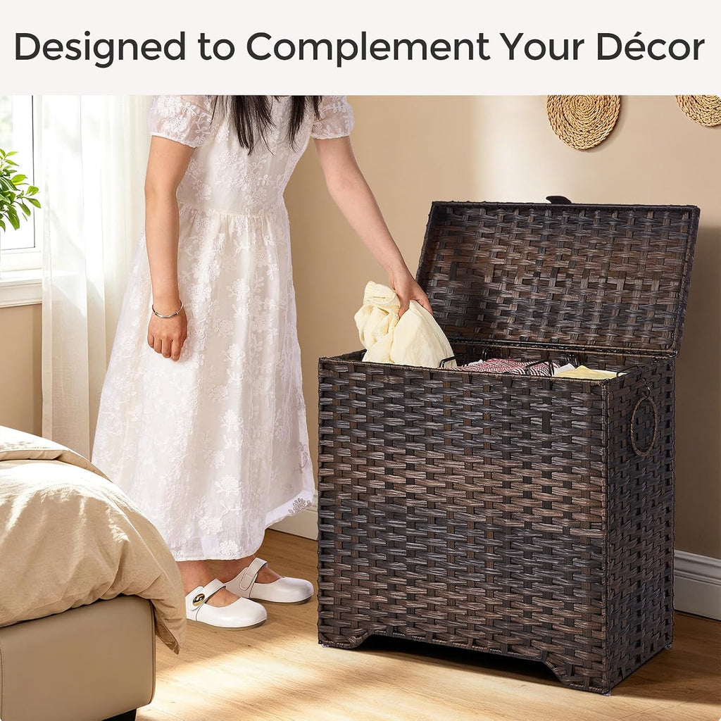 130L Wicker Laundry Hamper with Lid, 3-Section Laundry Basket | 3 Removable Liner Bags; 4 Included Mesh Laundry Bags;