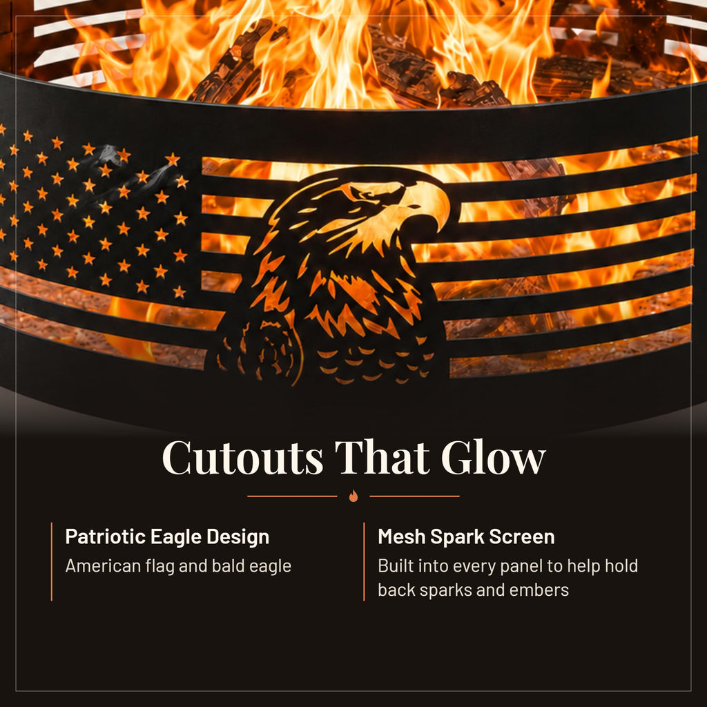 Fire Horse 36 Inch Fire Pit Ring - Wood Burning Fire Ring (Patriotic Eagle)