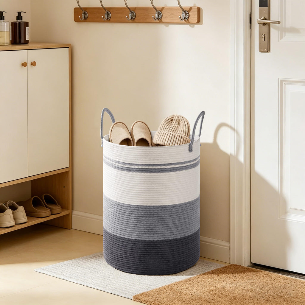58L Tall Cotton Rope Laundry Basket with Handles, Grey Striped