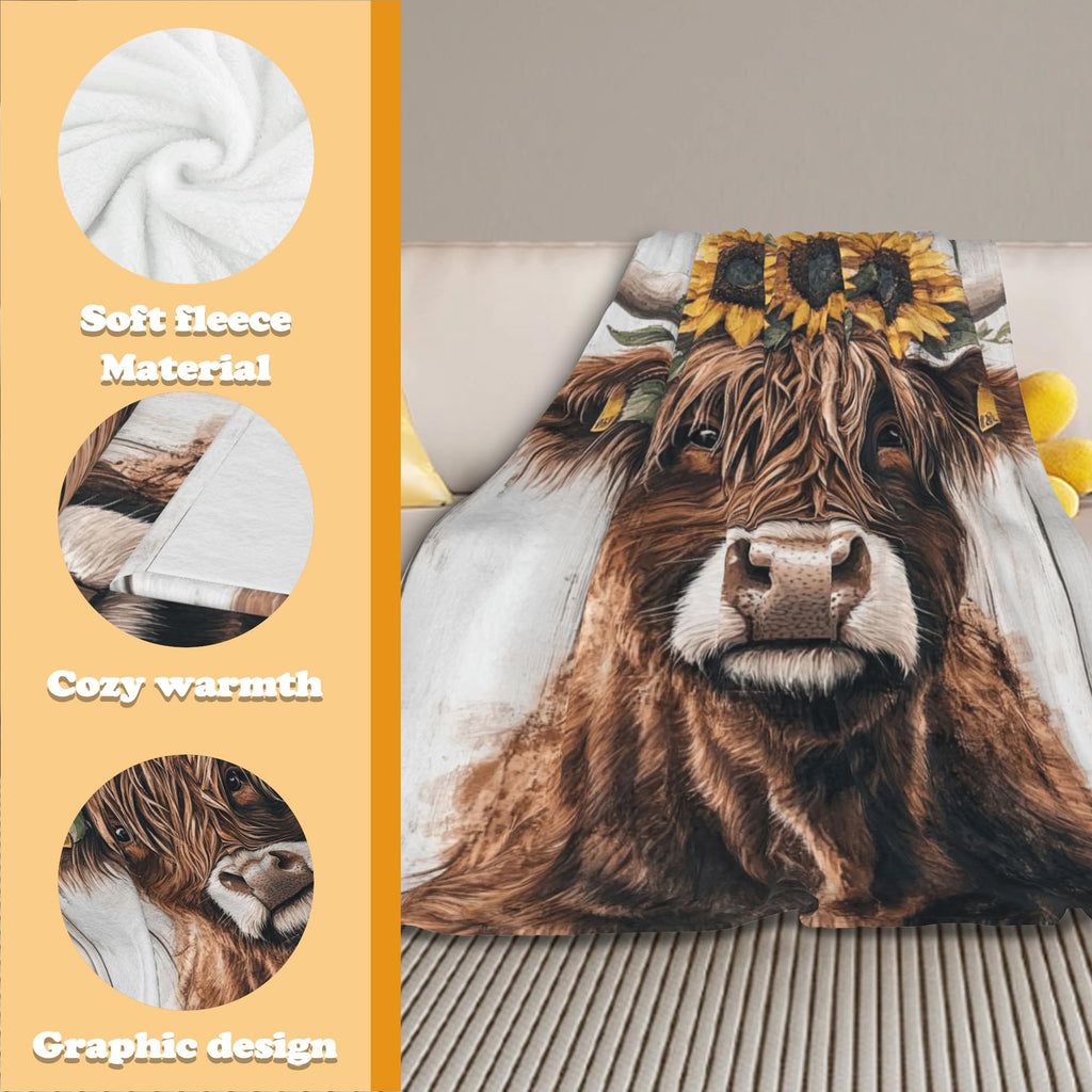 Highland Cow Sunflower Blanket, Rustic Farmhouse Throw, 60''x 50''