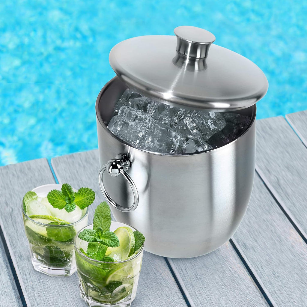 Double Wall Stainless Steel Ice Bucket - Insulated Ice Bucket with Elegant Steel Lid, Classic Handles & Stainless
