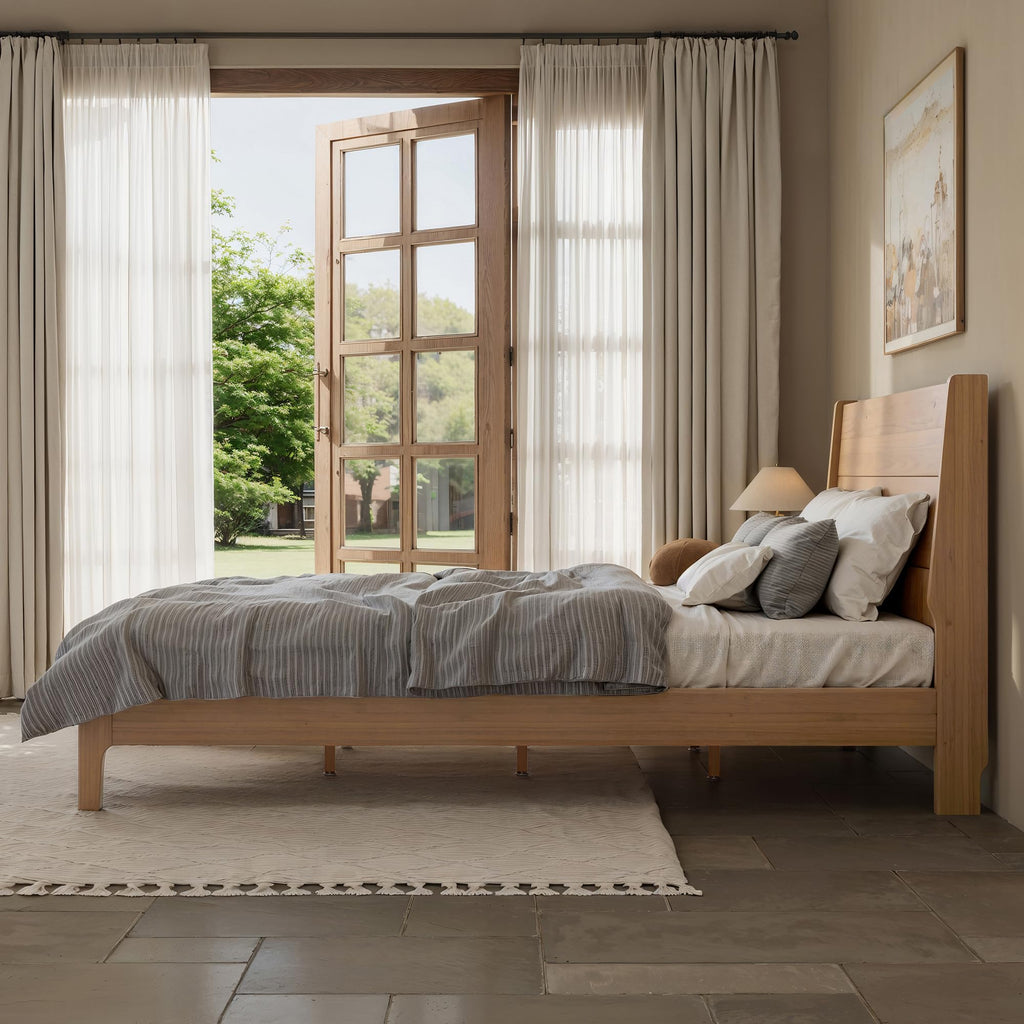 King Size Bamboo Platform Bed with Tall Headboard, Mid-Century Modern Floating Bed Frame with Wooden Solid Support