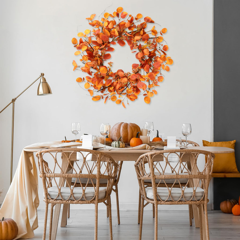 Fall Wreath 20'' Autumn Harvest Wreath with Eucalyptus Berries, Silk Orange Leaves, Cape Gooseberries for Outside