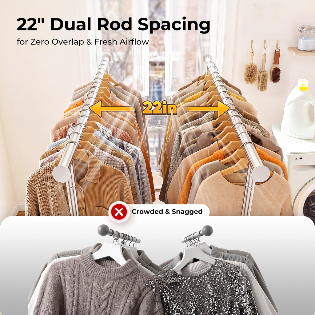 Clothes Rack Heavy Duty Clothing Rack Load 650 LBS Collapsible Garment Rack with Wheels Double Rod Clothes Rack for