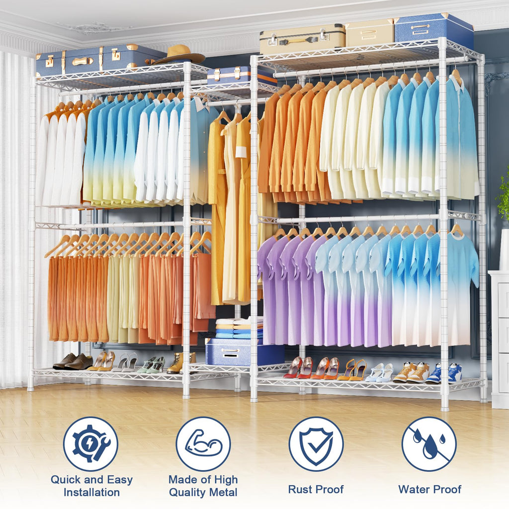 E12 Max Clothes Rack, Heavy Duty Freestanding Garment Rack with Shelves, Clothing Closet Storage System for Hanging
