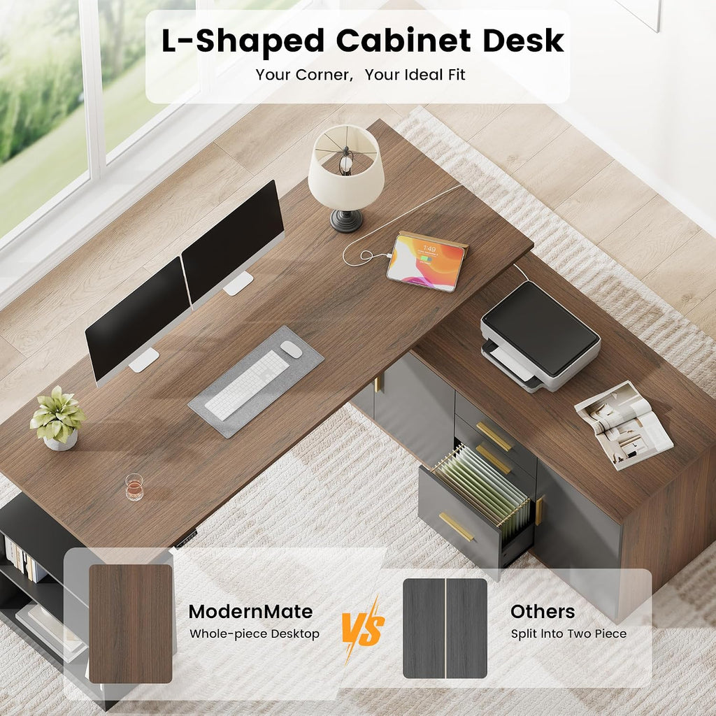 59" L Shaped Electric Standing Desk with Storage & Drawers | Adjustable Height Executive Standing Desk, One-Piece