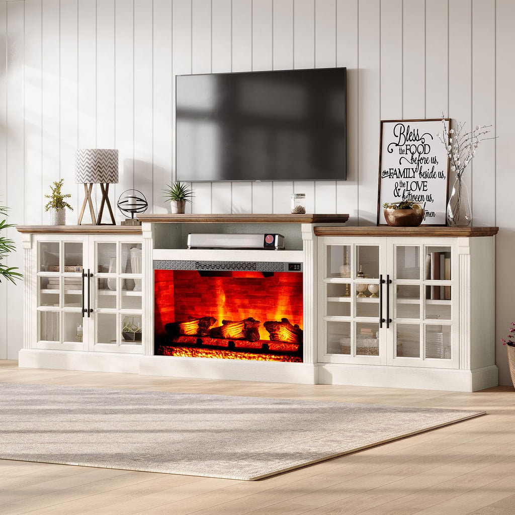 97" Farmhouse TV Stand with 33" Fireplace, White Barnwood
