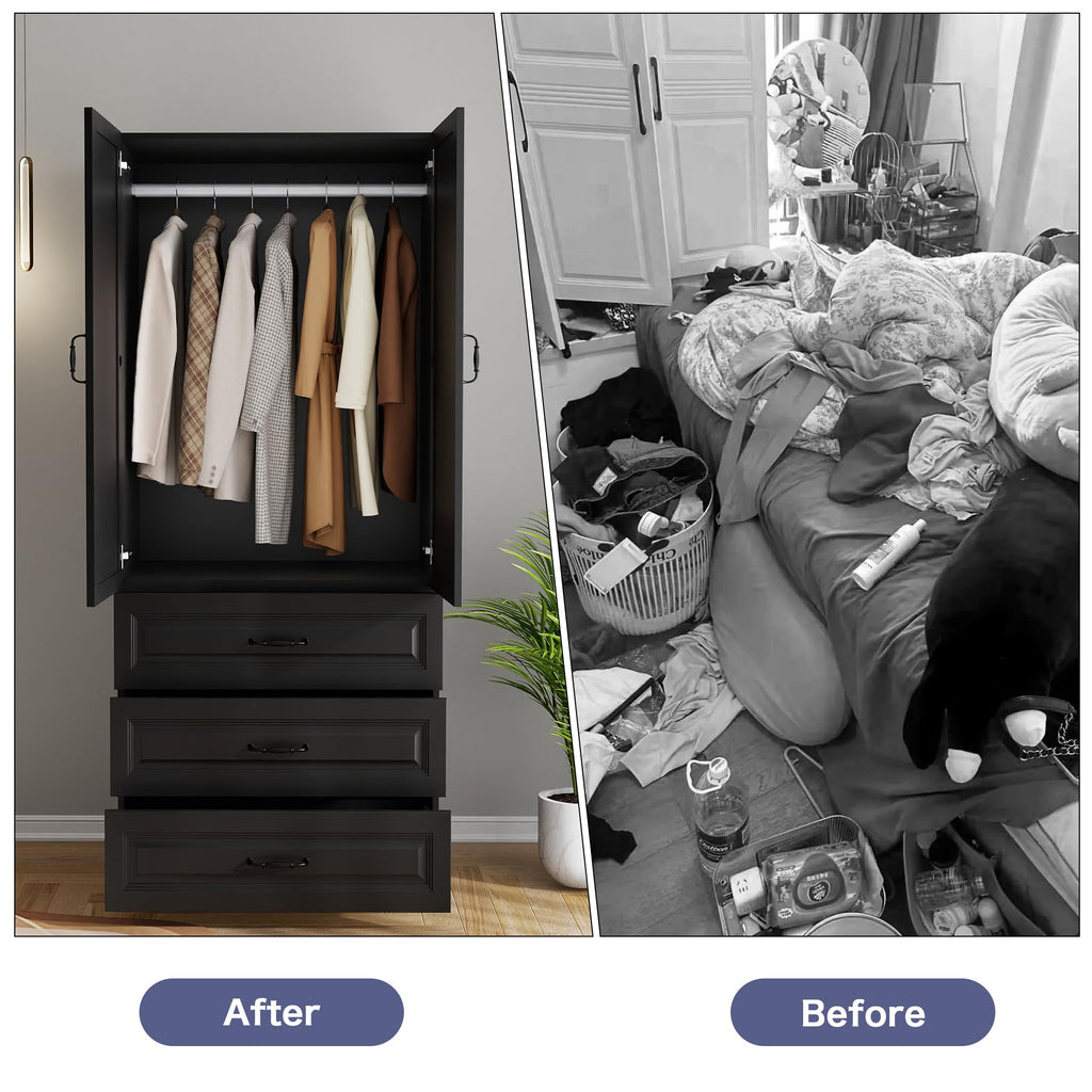 Black Wardrobe Closet with 3 Drawers and 2 Doors, 75" H x 32" W