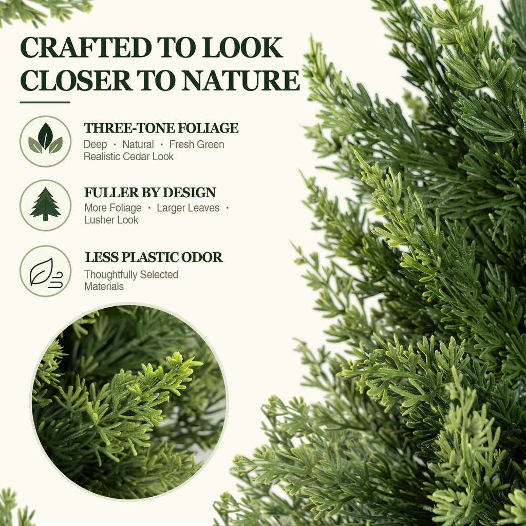 2ft Artificial Cedar Topiary Tree, Set of 2 Realistic Faux Evergreen Shrub Plant in Planter, Indoor Outdoor Fake