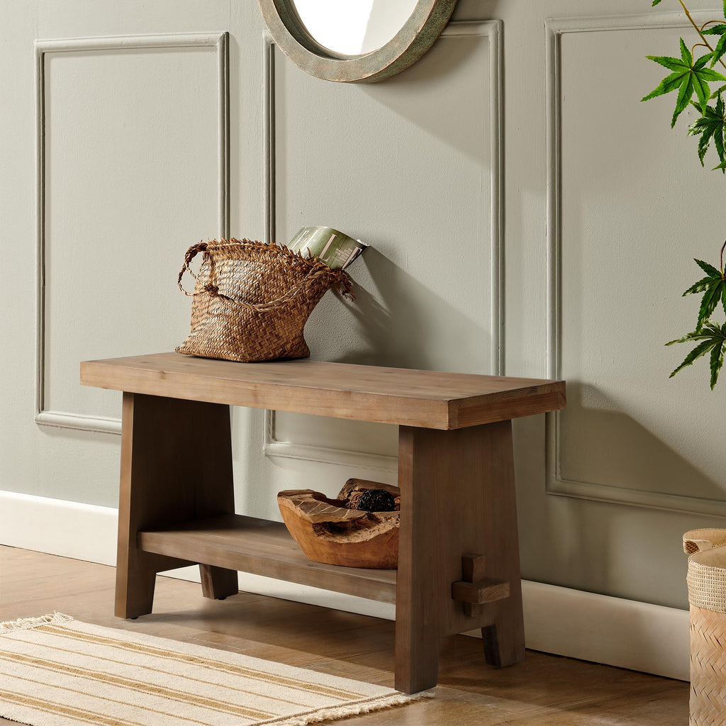 Wood Entryway Bench - 31.5" Farmhouse Small Storage Bench, Indoor