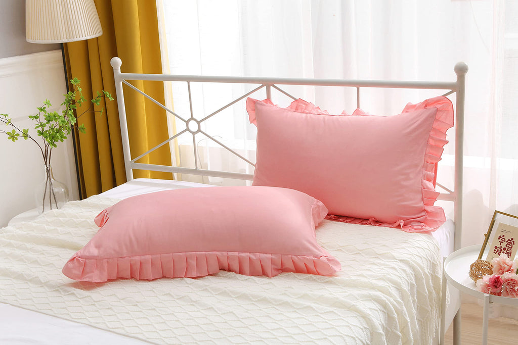 Egyptian Cotton Ruffles Pillow Shams Coral Pink Queen Size 2Pieces 30"x20" Soft Thick