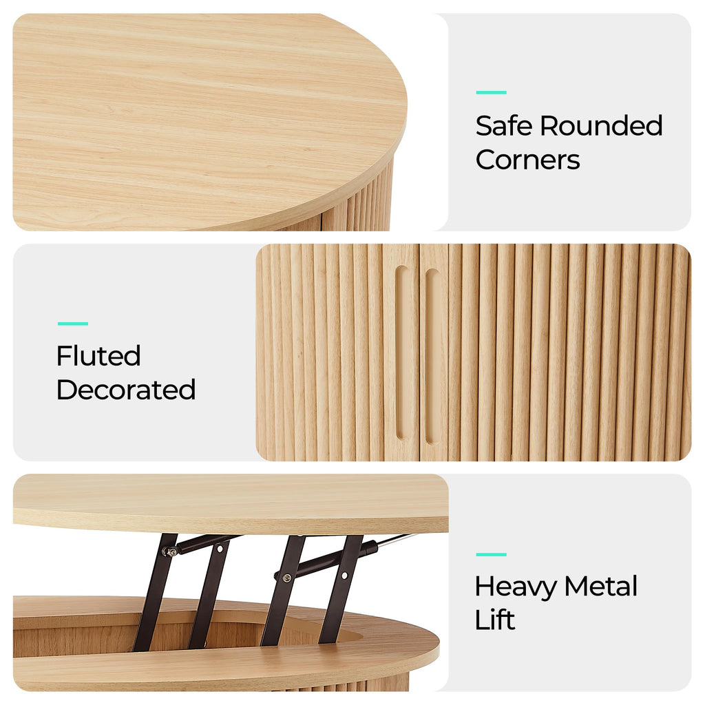 Lift Top Coffee Table, Round Fluted Coffee Table with Storage, Boho Wooden Coffee Tables with Sliding Tambour Door