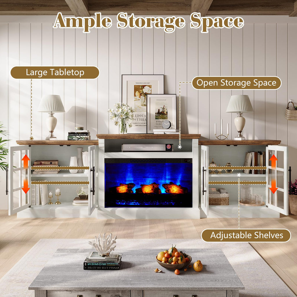 97" Farmhouse TV Stand with 33" Fireplace, White Barnwood
