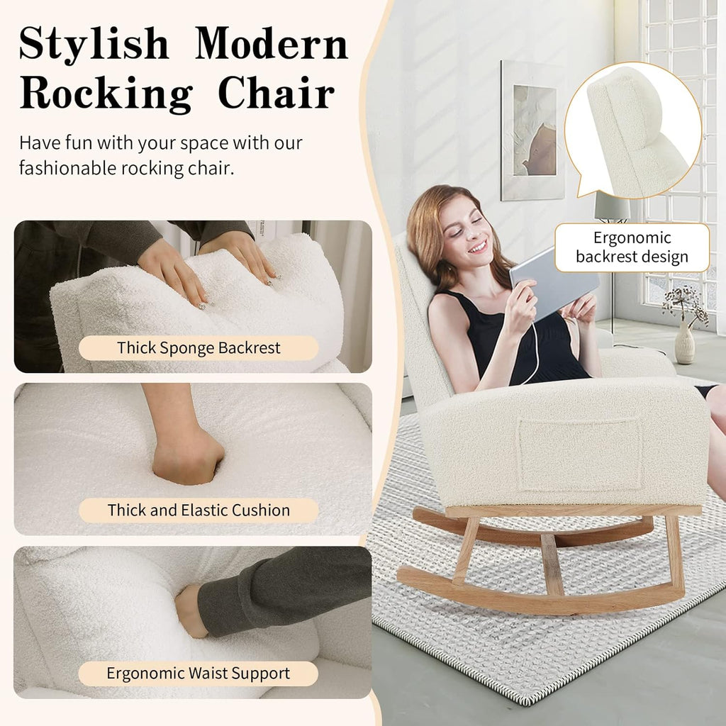 Rocking Chair Nursery, Sherpa Nursing Rocking Armchair for Mom Nursery Morden Rocker Chair with High Backrest ,Teddy
