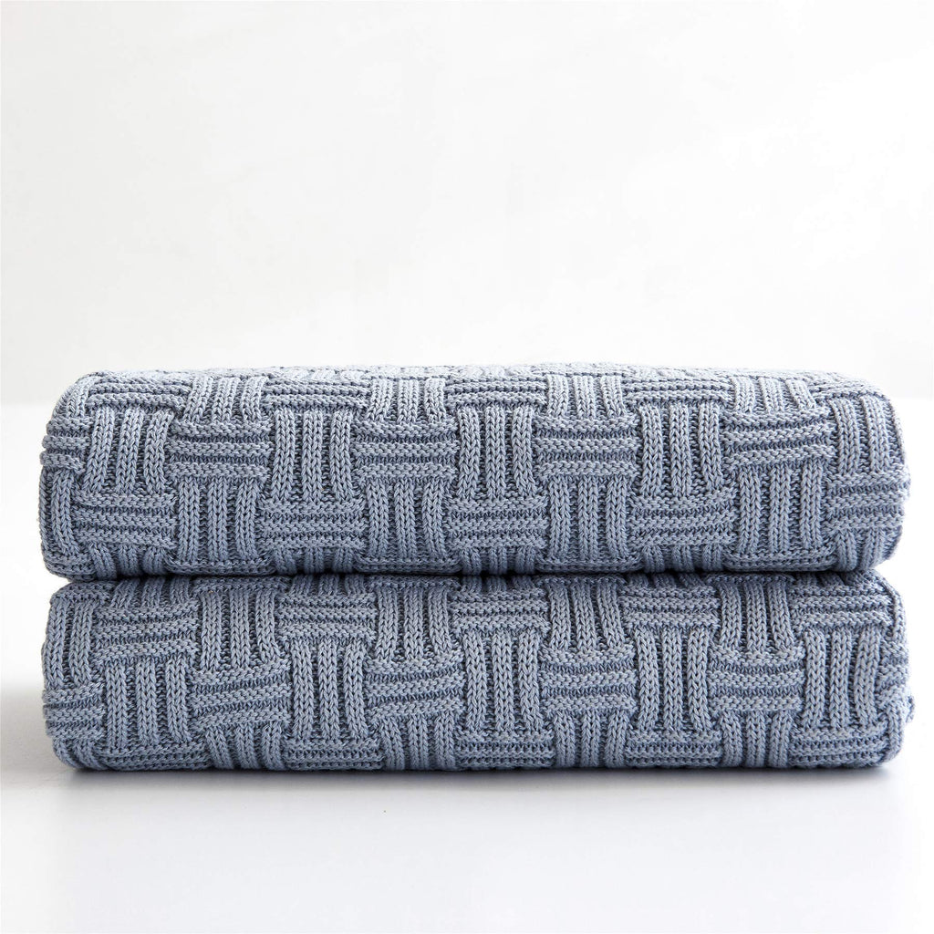 Large Grey Blue Cotton Knit Throw Blanket for Couch Sofa Bed - Home Decorative Soft Cozy Sweater Woven Fall Cable