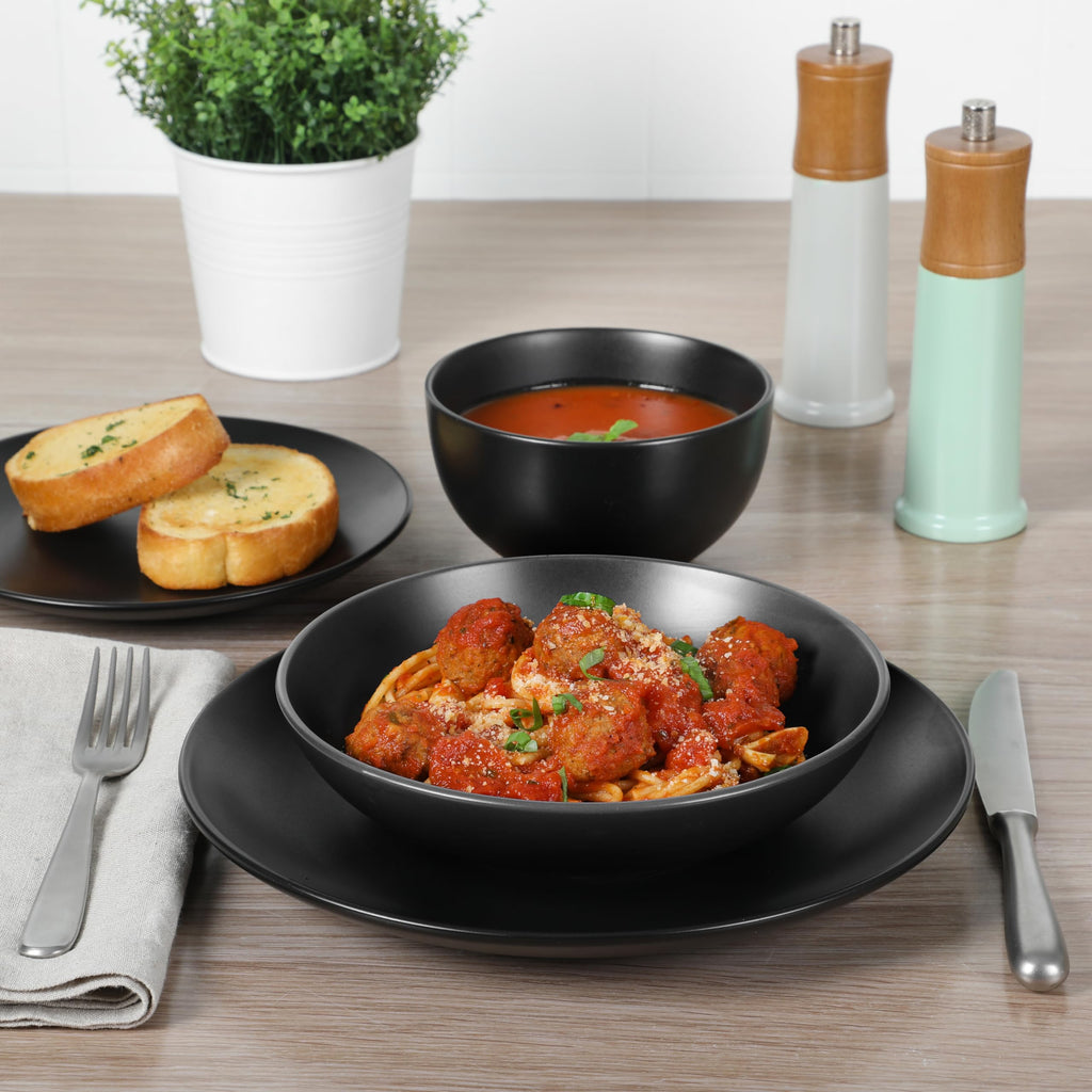 Queenslane 16-Piece Matte Black Stoneware Dinnerware Set - Double Bowl Plates and Bowls, Durable Kitchen Dinner Set