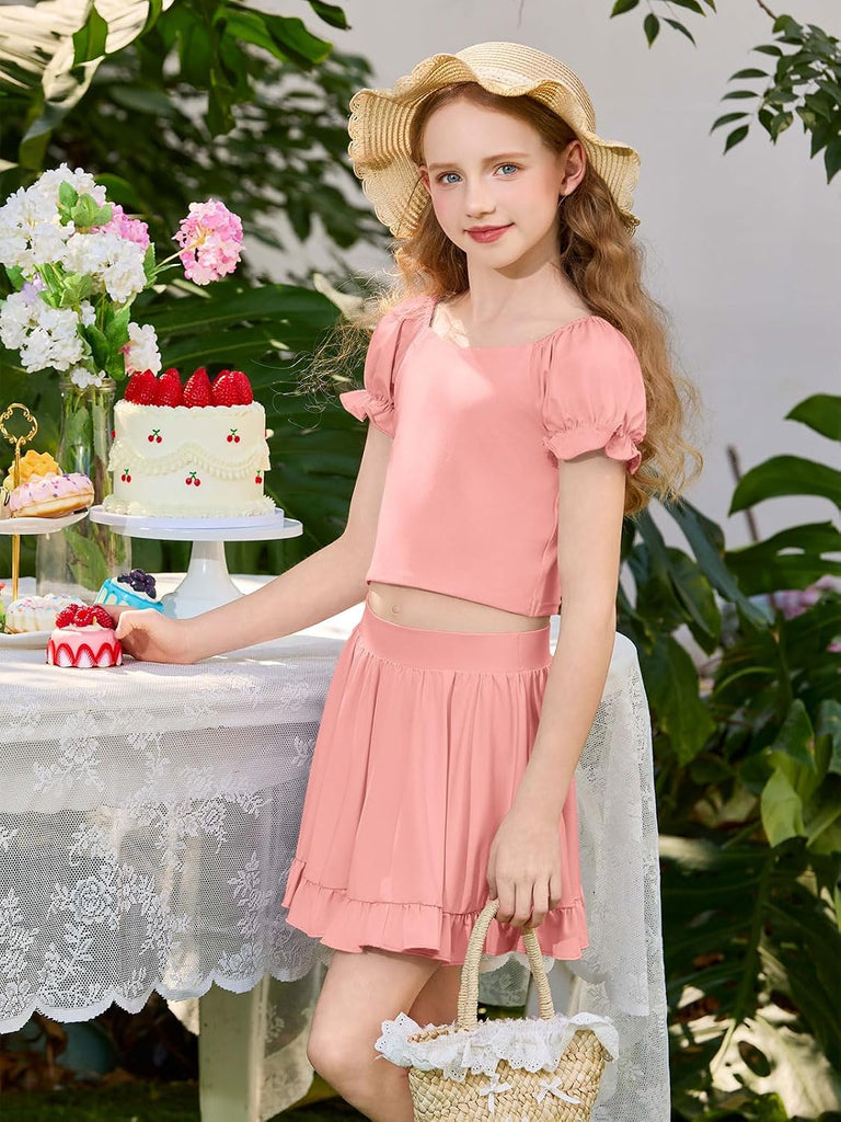 Girls Skirt Set Kids Puff Short Sleeve Crop Tops Rufffle Mini Skirt Shorts 2 Piece Summer Outfits Clothing Sets