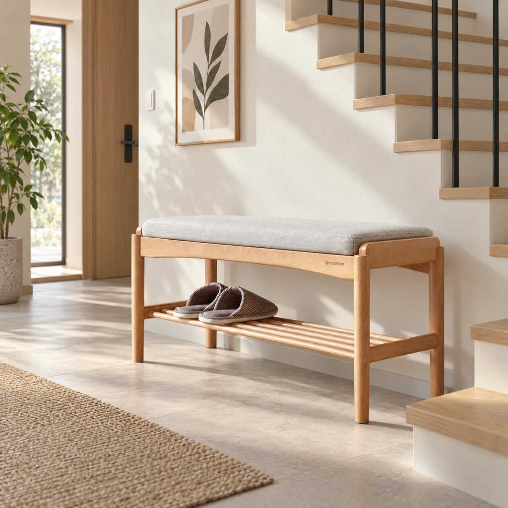 Solid Wood Shoe Bench, 32 Inch Entryway Bench with Light Gray Cushion
