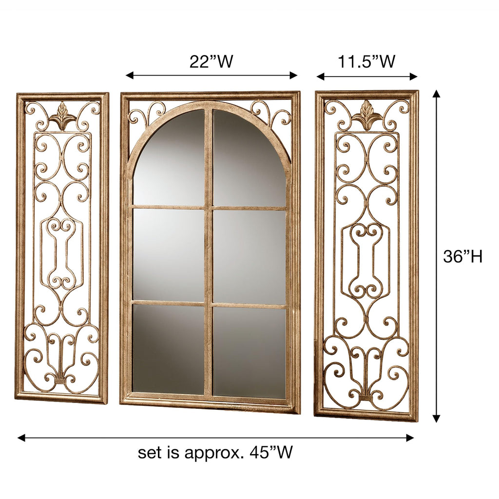 Provence Mirrored Window Wall Art Set of Three, Metallic Antique Gold