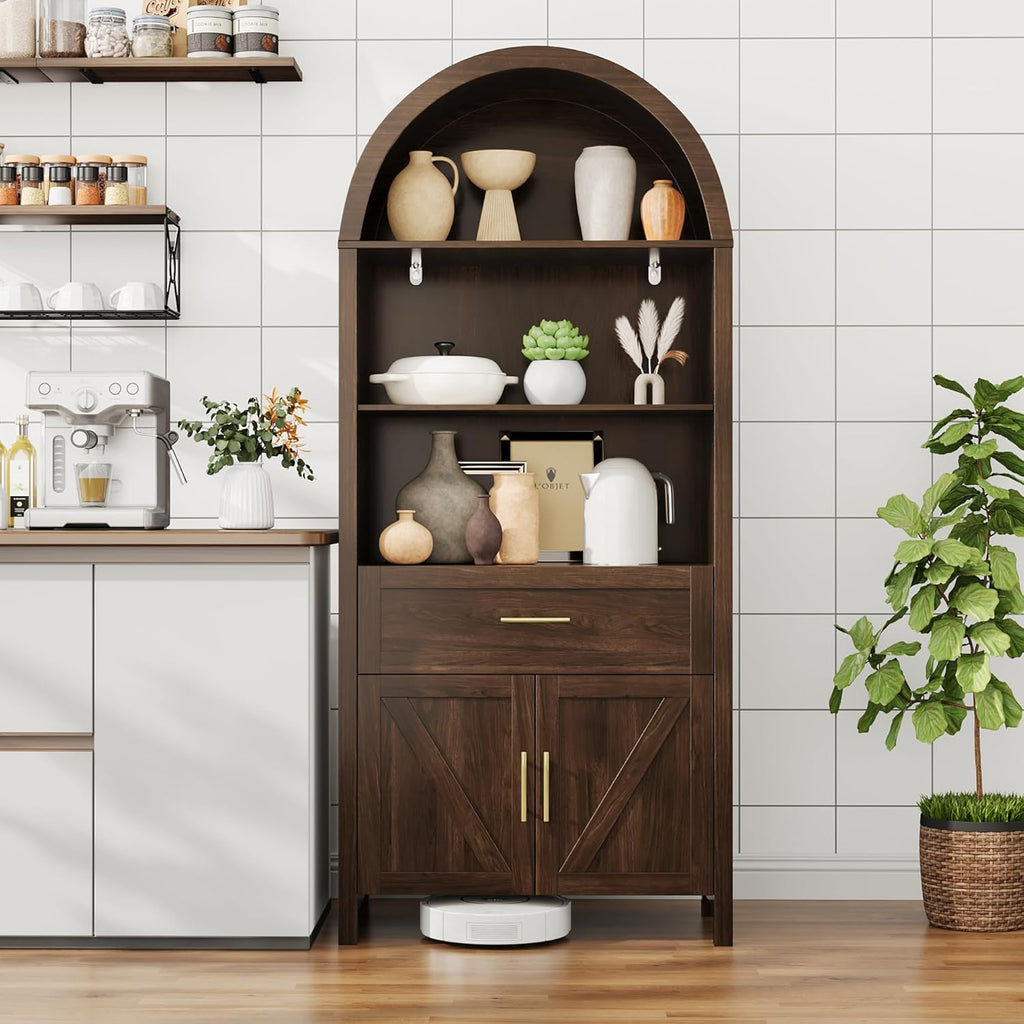 70.8" Tall Arched Bookcase 5-Tier Pantry Cabinet with Doors, Walnut | Tall wooden cabinet with five shelves, doors
