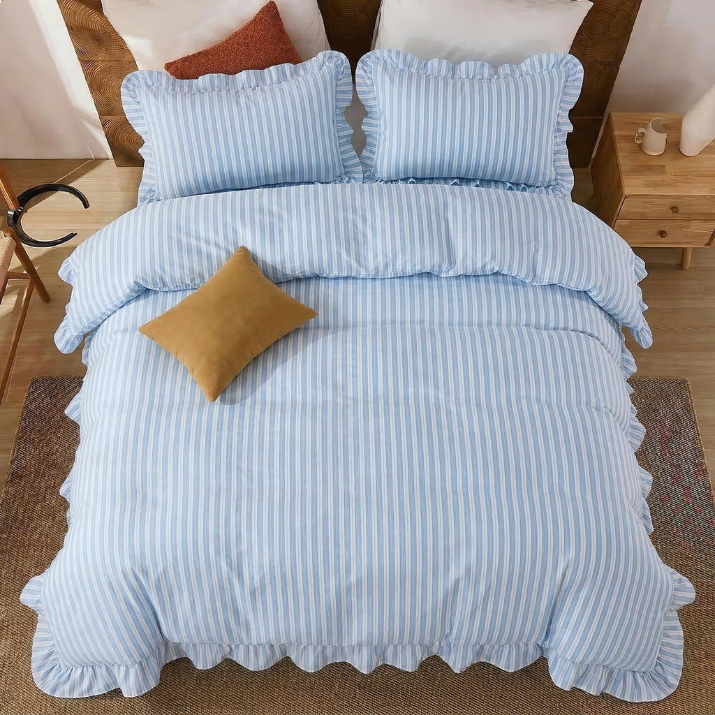 Blue and White Striped Comforter Set, 100% Cotton, Ruffle Trim Comforter Set, Soft Lightweight Breathable