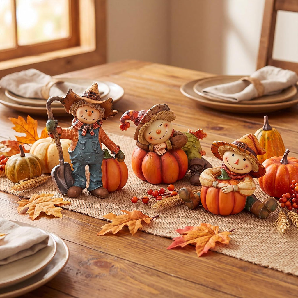 Fall Wooden Scarecrow with Pumpkins Table Decor Set - Set of 3
