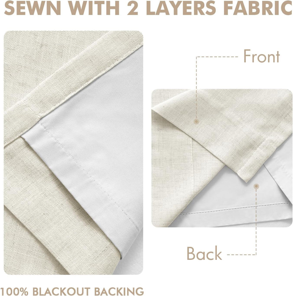 Natural Pinch Pleated 100% Blackout Linen Curtains, Room Darkening Light Blocking Window Curtains 84 inches Long