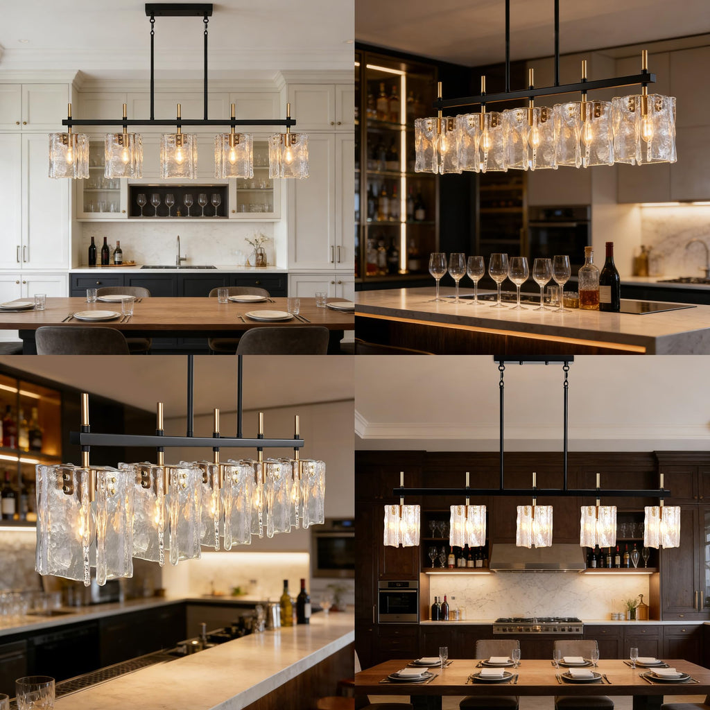 Rectangular Dining Room Light Fixture 42"L Black and Gold Glass Linear Chandeliers Over Table, Farmhouse