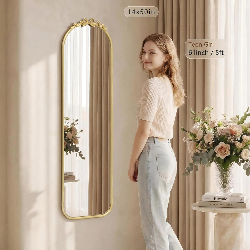 Door Mirror Full Length: 14"x50" Gold Bow Over The Door Hanging