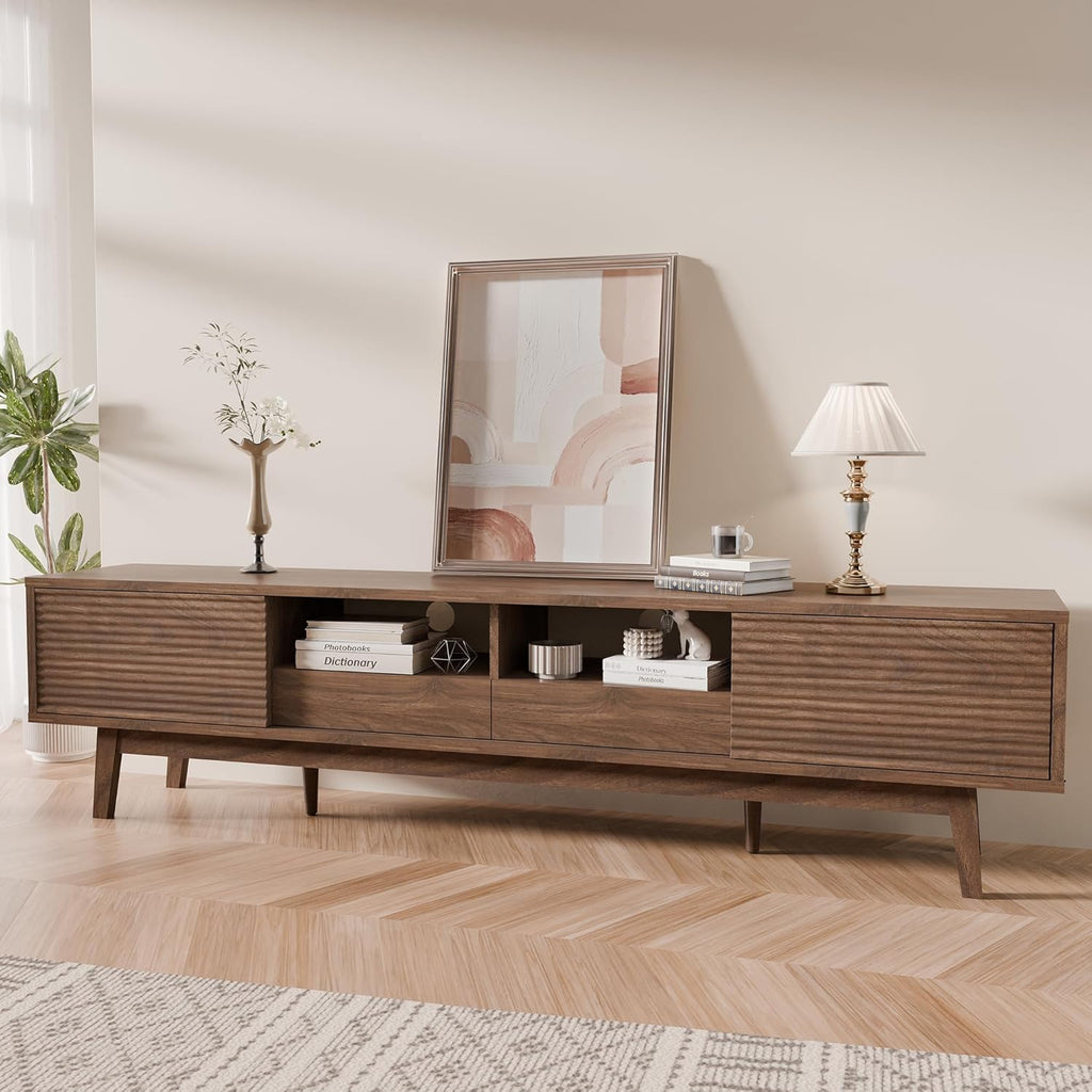 70" Mid Century Modern TV Stand for TVs up to 75 Inch, Low Profile Entertainment Center with Fluted Sliding Doors &