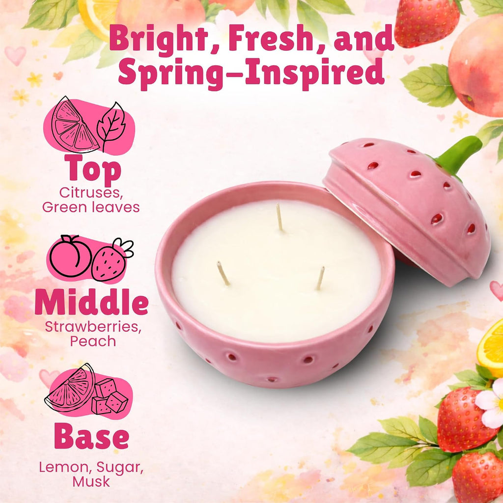 Strawberry Candle - 5x5.5 3 Wick Scented Candles, 100% Soy Wax, Long Burning Highly Scented Fruity Aromatherapy