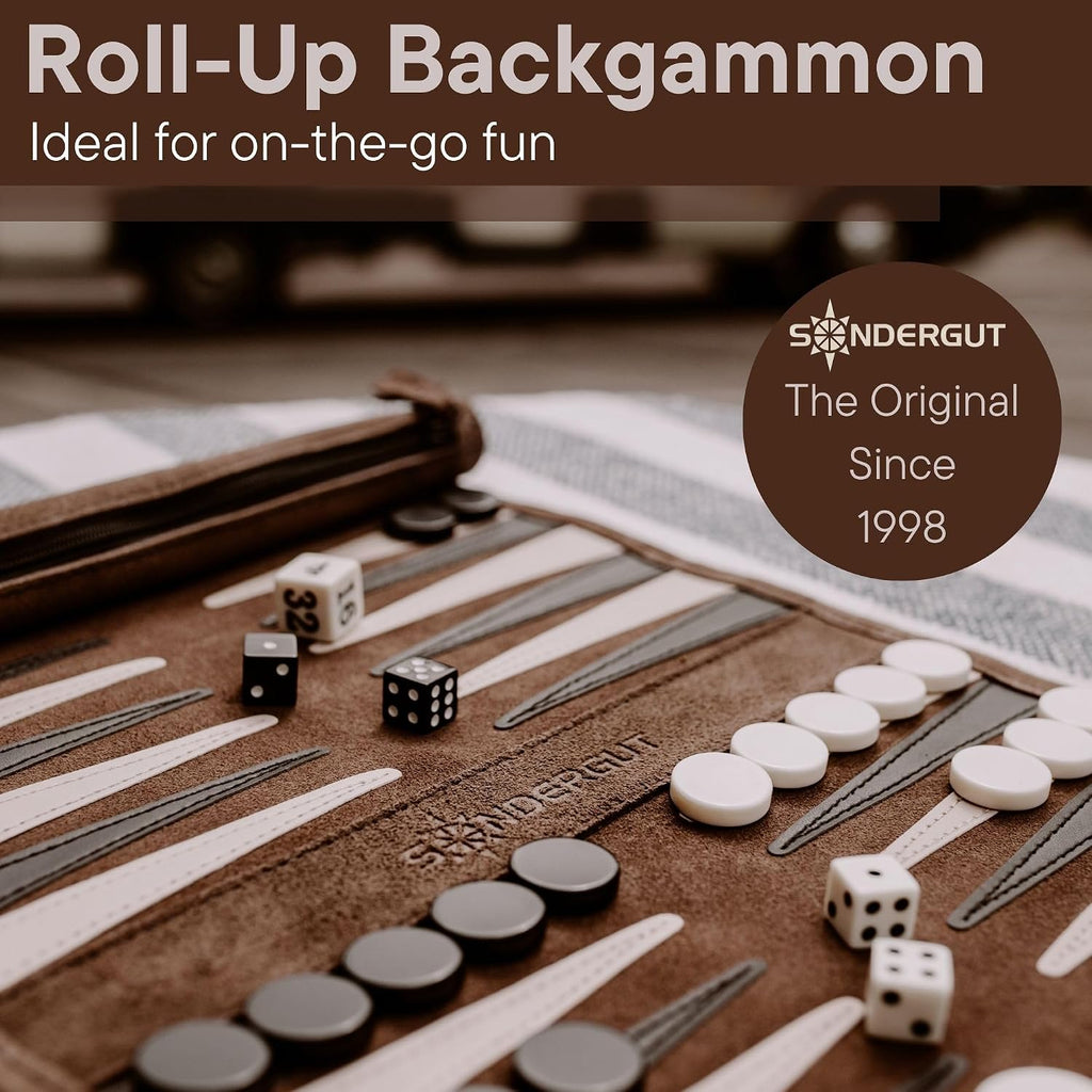 Roll-up Portable Leather Suede Backgammon Game Set - for Adults & Children