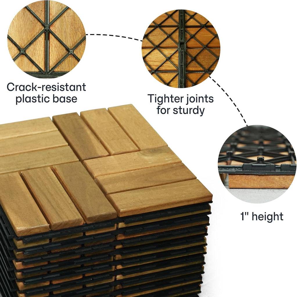 Interlocking Deck Tiles - 12"x12" Indoor & Outdoor Flooring Tiles, Wood Deck Tiles for Balcony & Backyard, Weather & UV