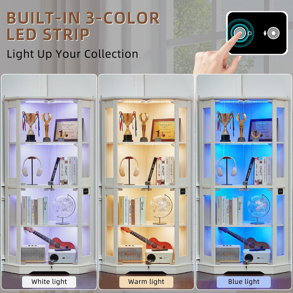 Farmhouse Corner Display Cabinet with Lock, White | Glass Display Cabinet with Doors, 3-Color Motion-Sensor Light &