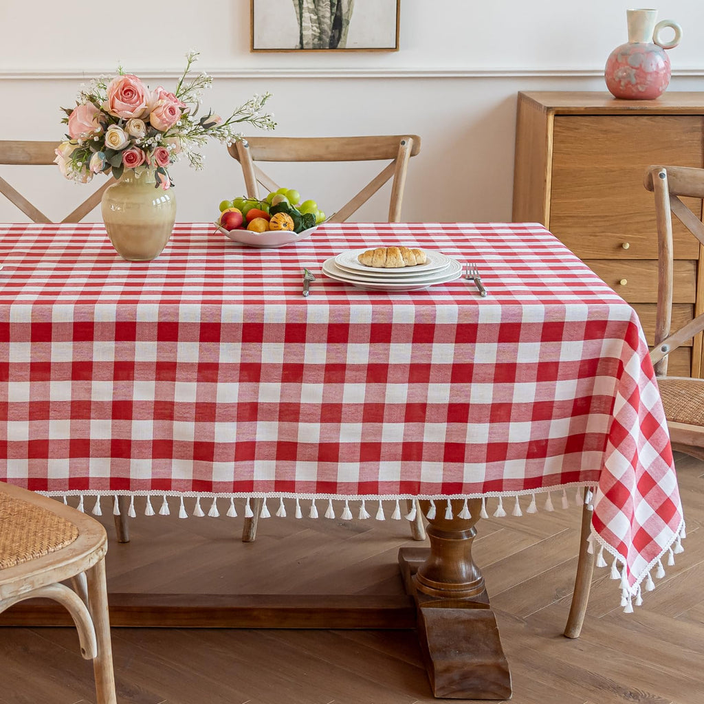 Red Gingham Tablecloth Rectangle 55 x 120 Inch, Farmhouse Cotton Linen Blend Table Cloth with Tassels, Washable