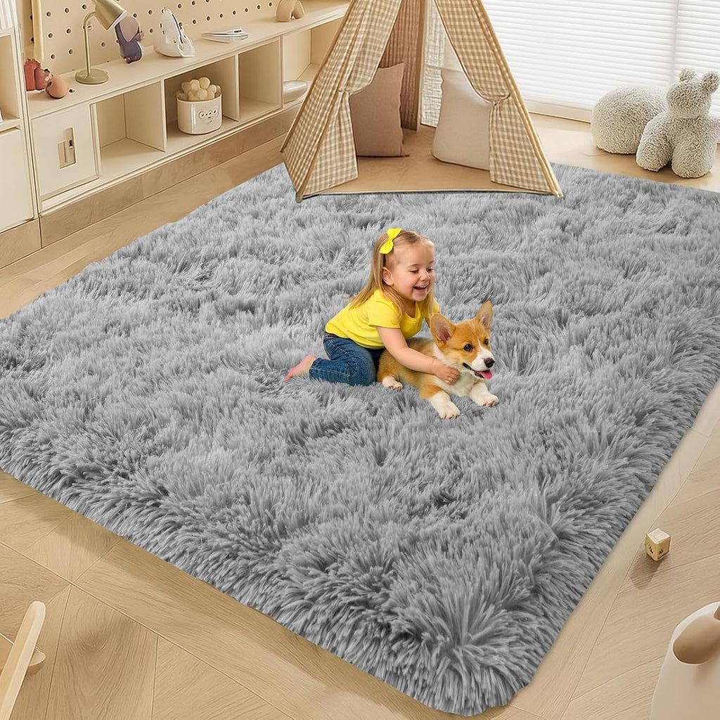 8x10 Area Rugs Living Room, Gray Plush Fluffy Bedroom Rugs, Non-Slip Upgraded Indoor Thick Soft Rug, Modern Plush