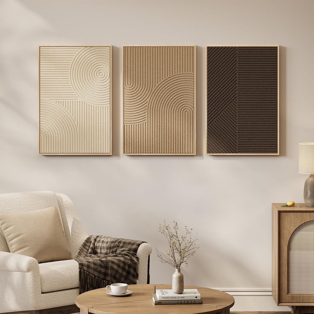 3D Textured Framed Neutral Abstract Wall Art Set, 3 Piece Modern Artwork