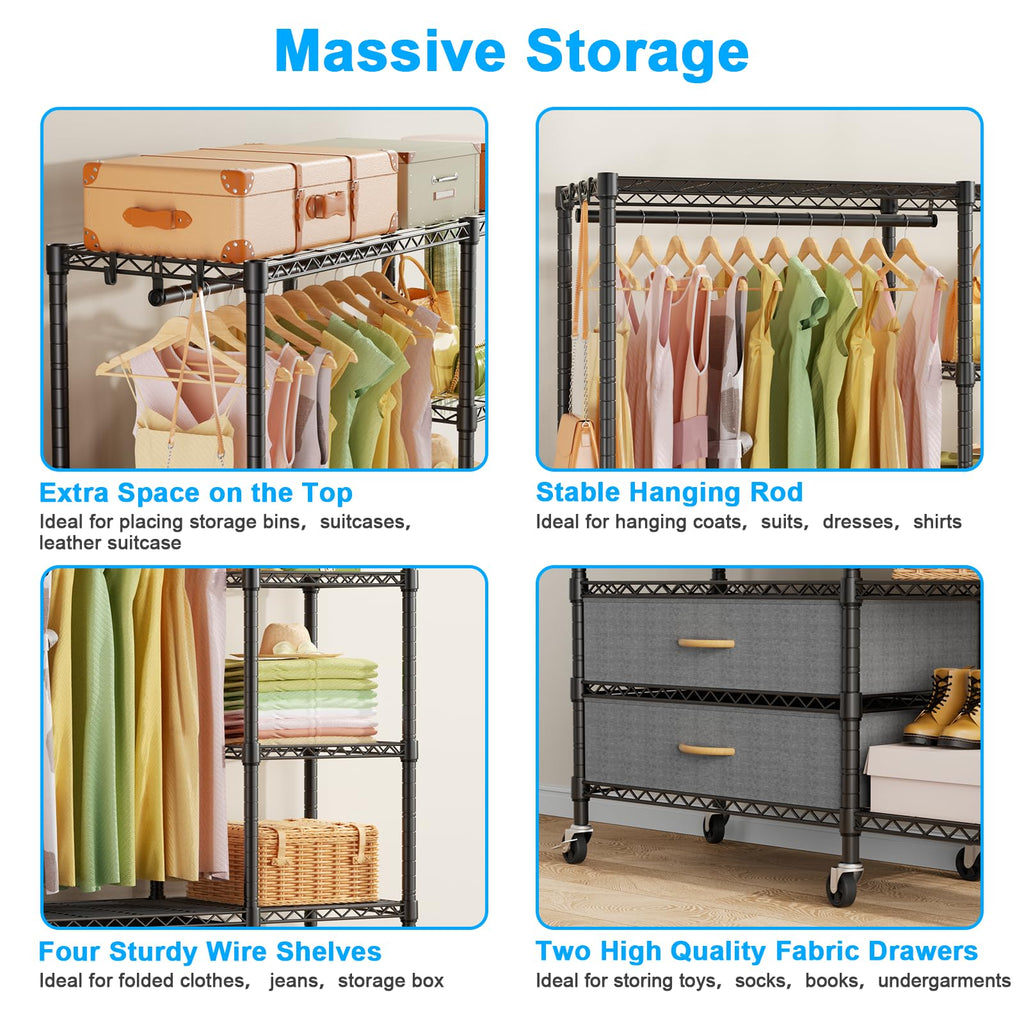F3R Heavy Duty Clothes Rack(With Lockable Wheels)Freestanding Clothing Racks for Hanging Clothes, Adjustable Closet